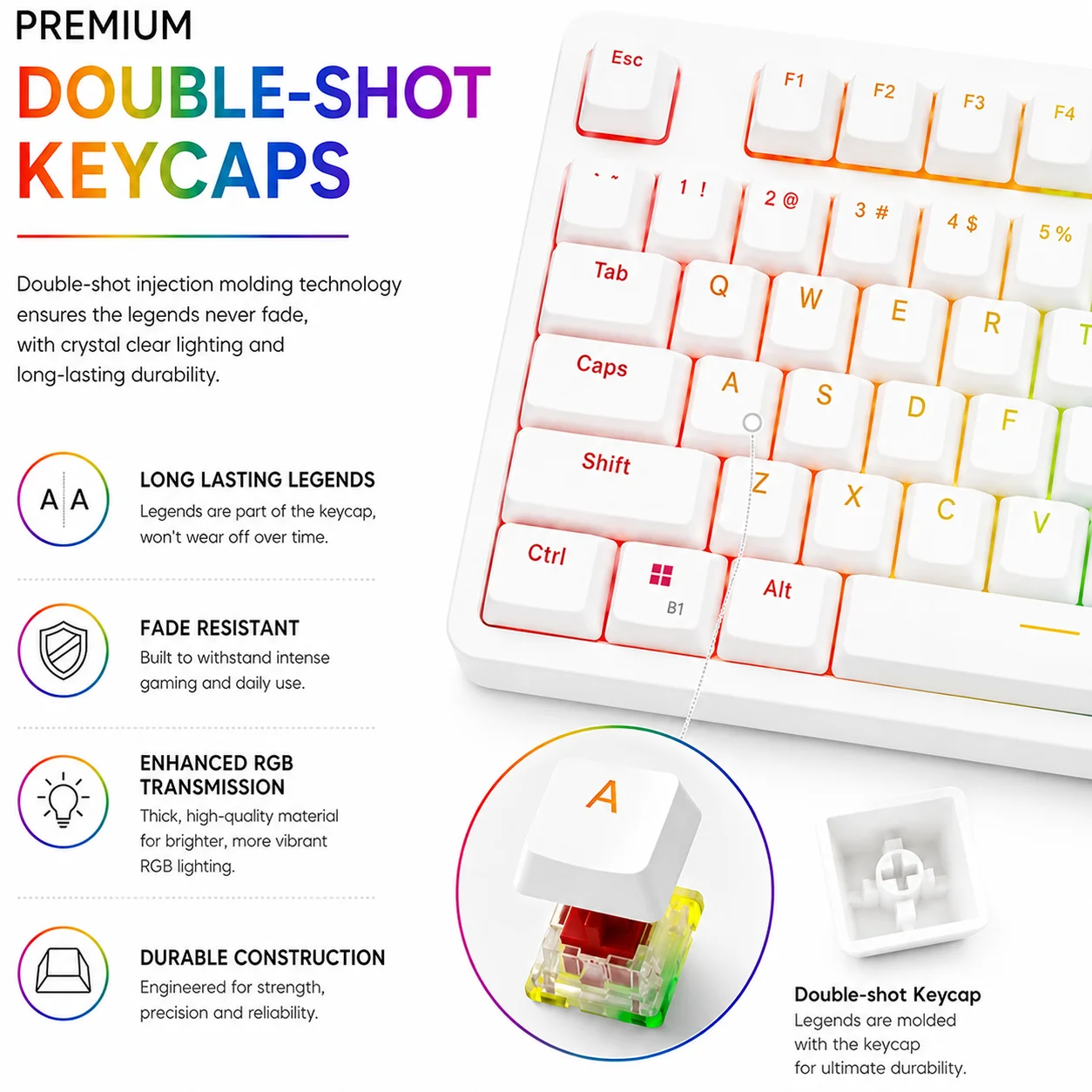 GTUNE GK687 Gaming Mechanical Keyboard: كيبورد ميكانيكال أبيض بإضاءة RGB وسويتشات Gateron Red