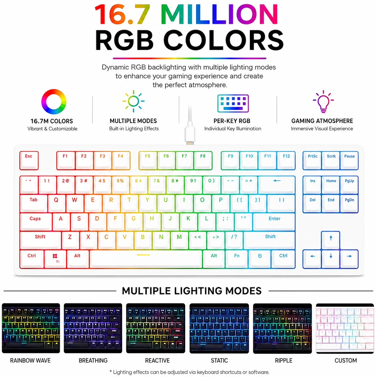 GTUNE GK687 Gaming Mechanical Keyboard: كيبورد ميكانيكال أبيض بإضاءة RGB وسويتشات Gateron Red