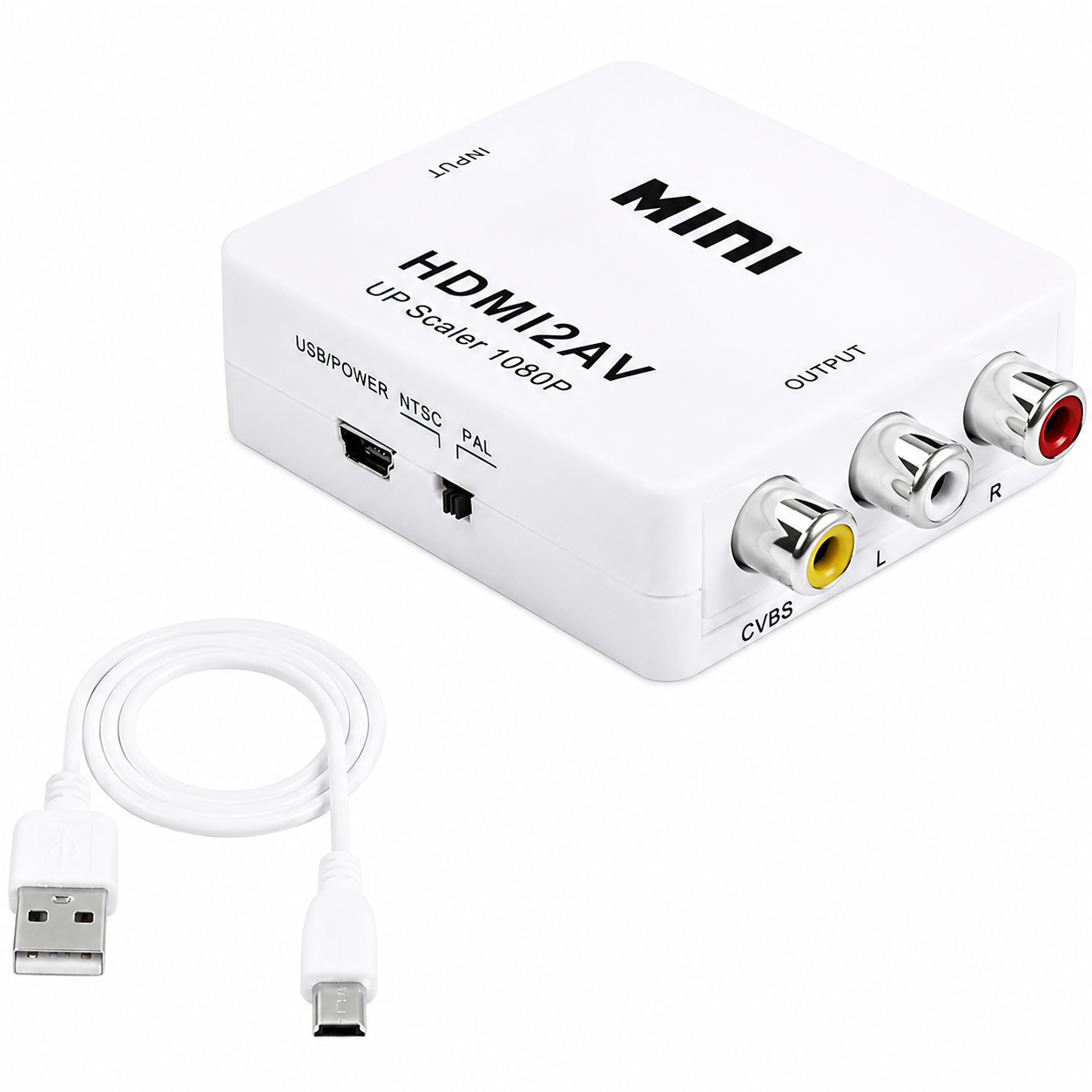 HDMI To AV Composite Video Adapter with Audio Support – Mini HD2AV 1080p Converter – USB Powered, Plug & Play – White
