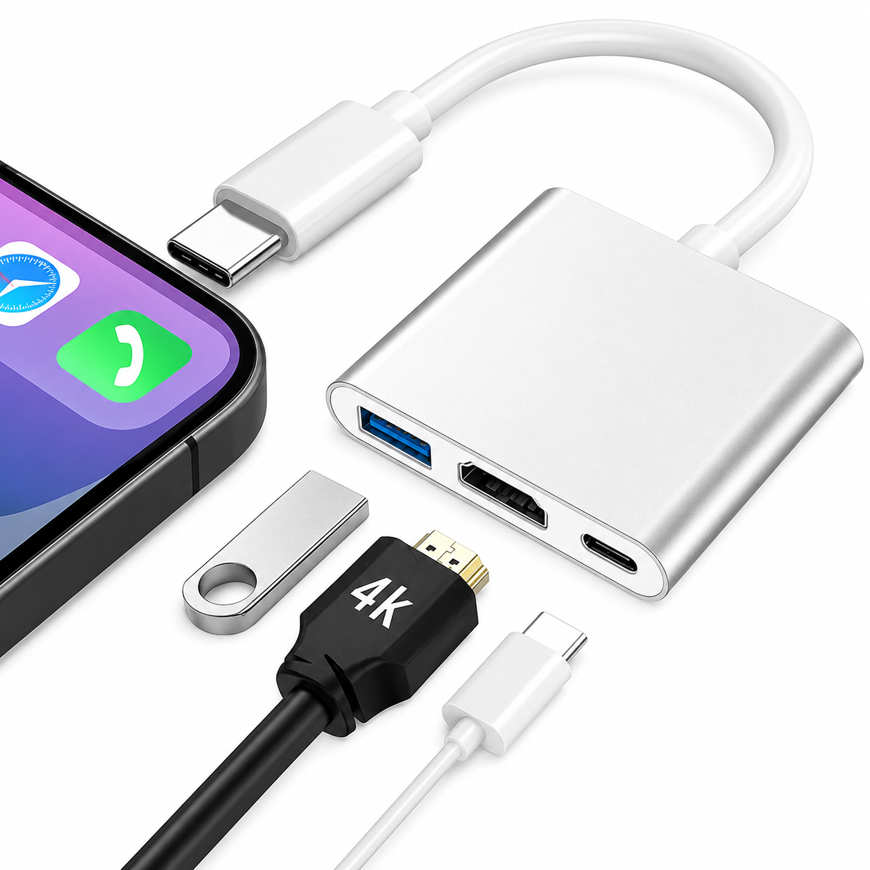 USB C to HDMI Adapter, USB 3.1Type-C Converter to HDMI 4K+USB 3.0 Charging Port 3 in 1 Hub, Digital AV Multiport Adapter for MacBook Pro/iPad Pro/Switch/S23 /S24 /Projector/Monitor