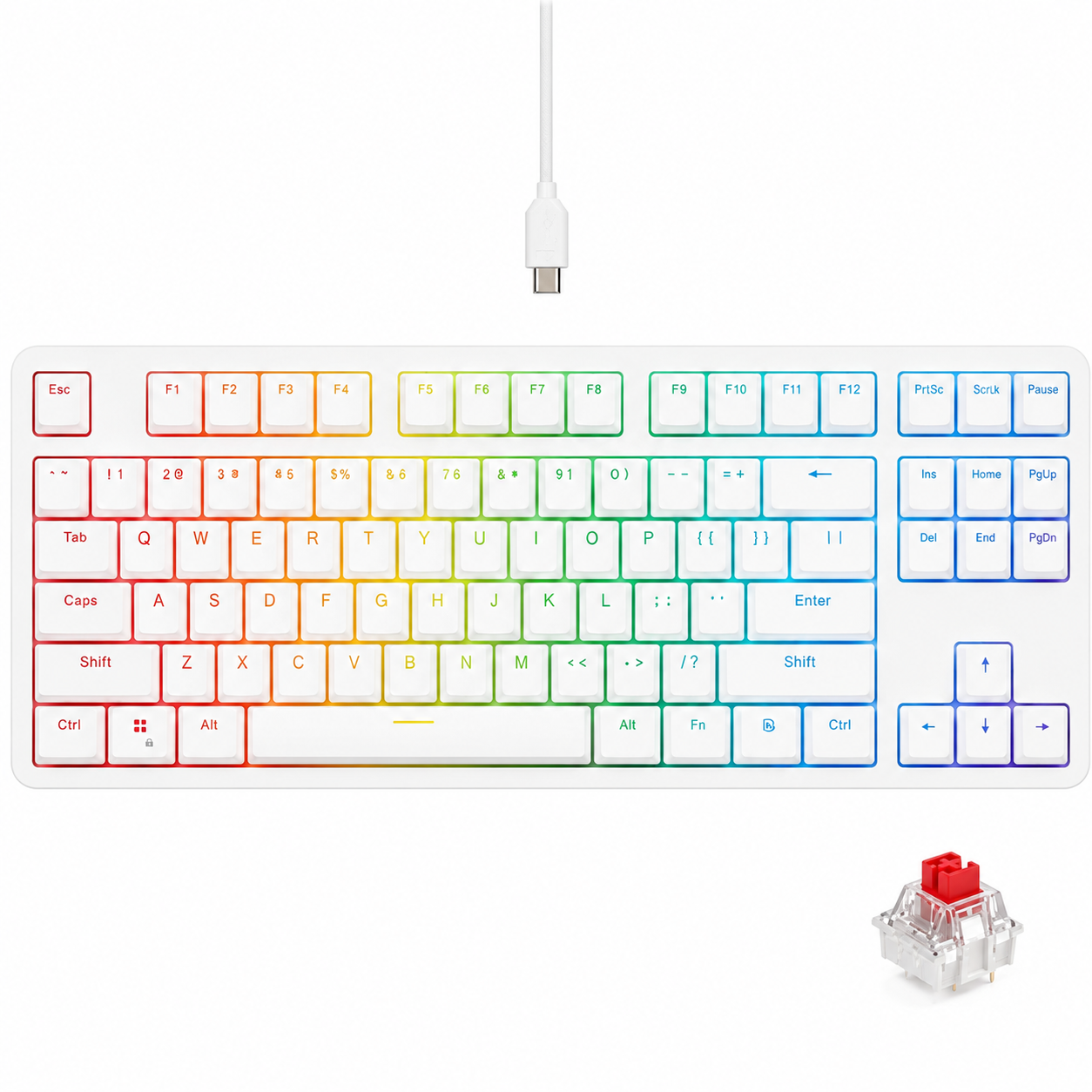 GTUNE GK687 Gaming Mechanical Keyboard - Gateron Red Switches - Full RGB LED Lighting - Programmble Keys with Software (White)