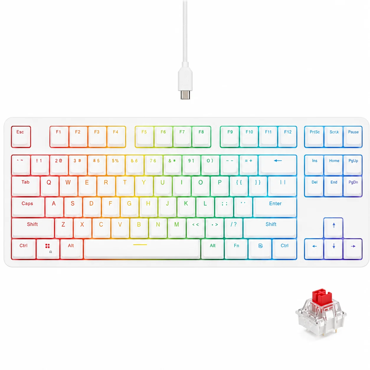 GTUNE GK687 Gaming Mechanical Keyboard: كيبورد ميكانيكال أبيض بإضاءة RGB وسويتشات Gateron Red