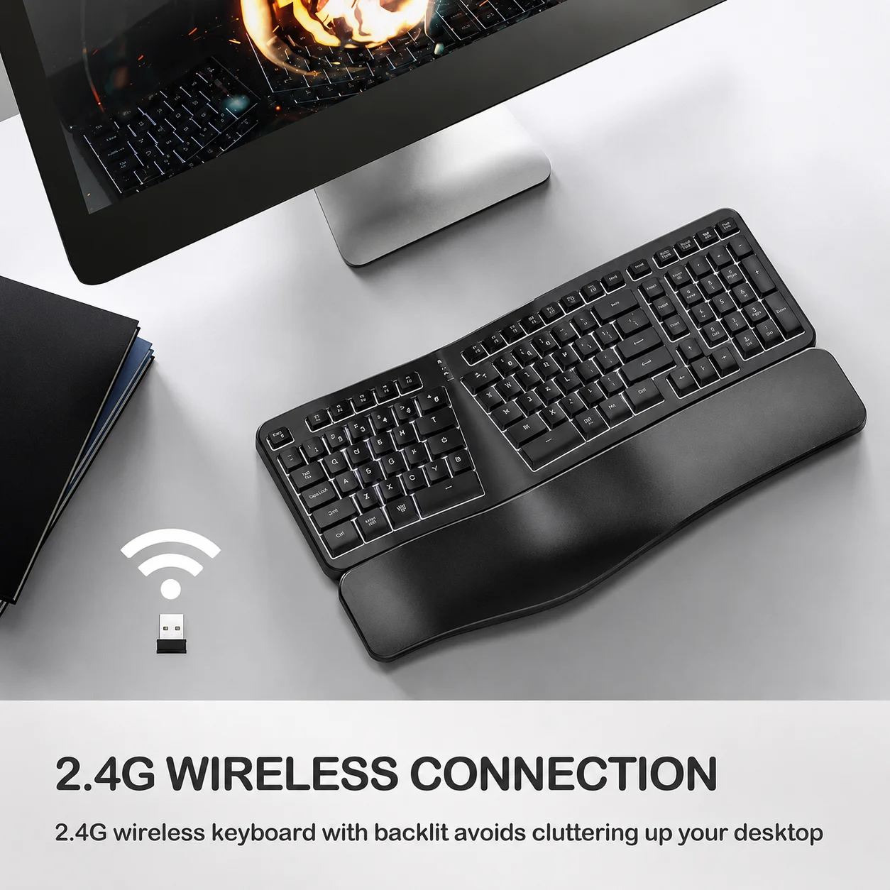 Backlit Wireless Ergonomic Keyboard: كيبورد لاسلكي مريح بإضاءة خلفية للشغل والاستخدام اليومي