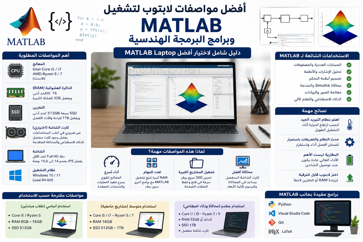 **MATLAB Laptop 2026 أفضل لتشغيل MATLAB وبرامج البرمجة الهندسية: دليل شامل لأهم المواصفات**