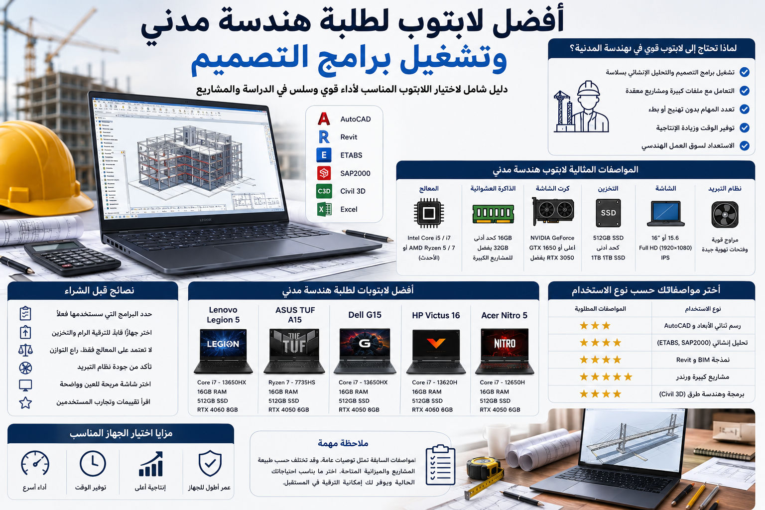  لابتوب هندسة مدني 2026 أفضل لتشغيل AutoCAD وRevit وETABS وSAP2000: دليل اختيار الجهاز المناسب