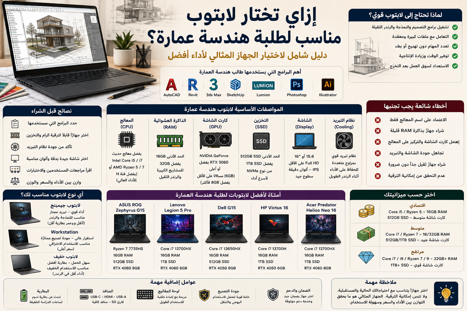 ** لابتوب هندسة عمارة 2026 إزاي تختاره ؟ دليل شامل لتشغيل Revit و3ds Max وLumion**