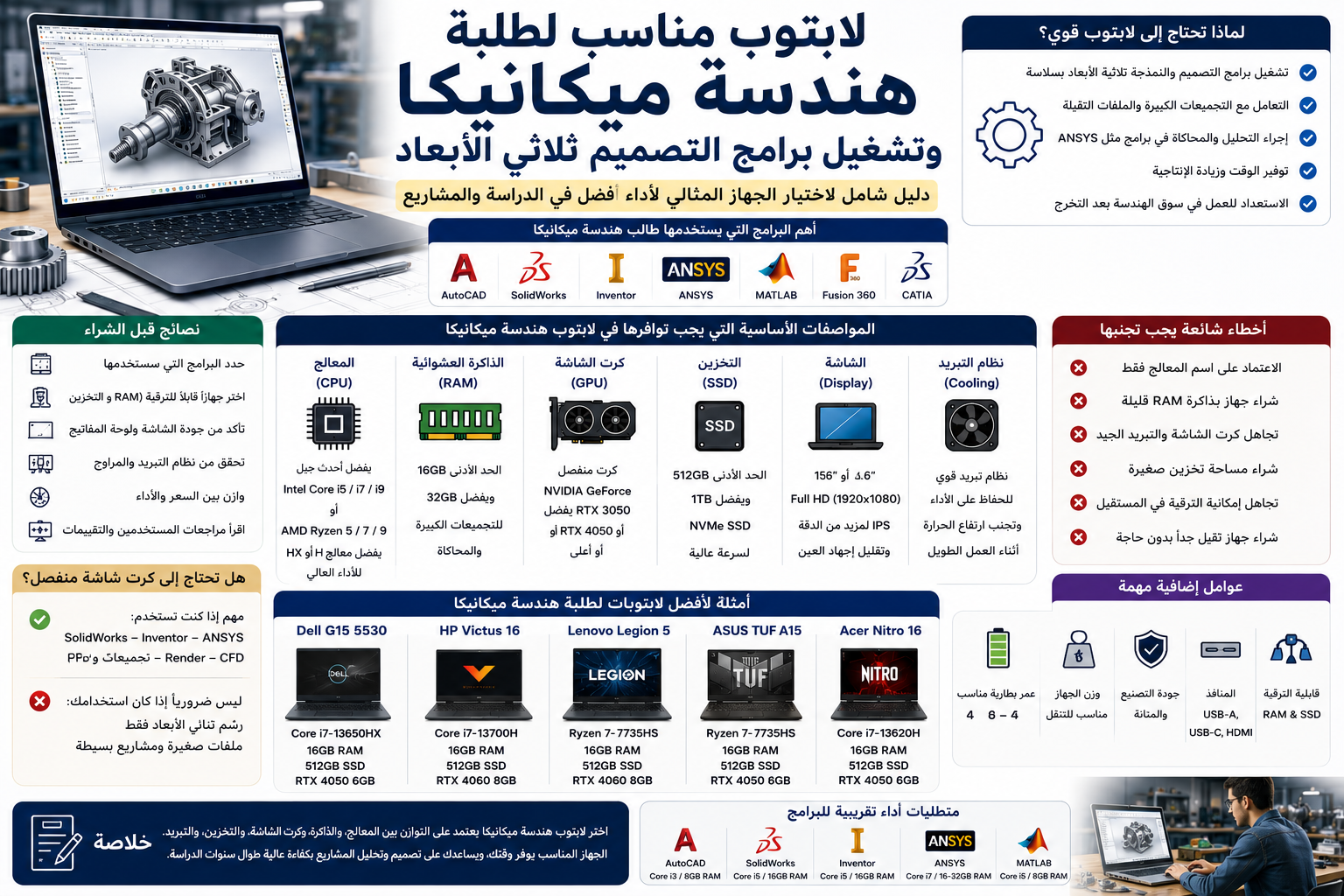 أفضل لابتوب هندسة ميكانيكا لتشغيل SolidWorks وInventor وANSYS: دليل شامل لاختيار الجهاز المناسب