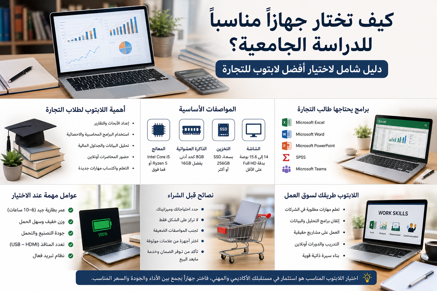 أفضل لابتوب للتجارة 2026 : دليل شامل لاختيار الجهاز المناسب للدراسة الجامعية والعمل