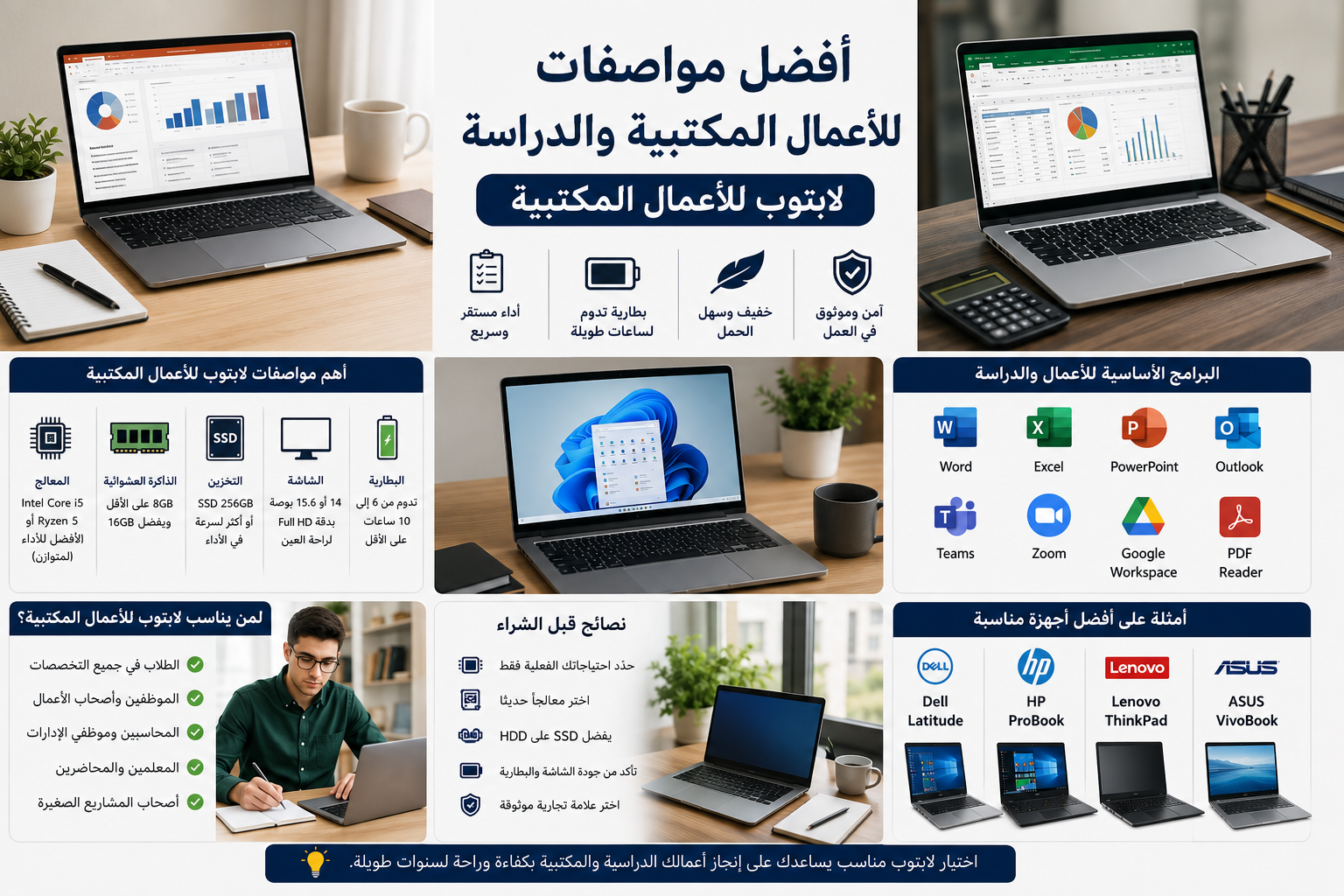 لابتوب للأعمال المكتبية والدراسة 2026 أفضل مواصفات : دليل شامل لاختيار الجهاز المناسب
