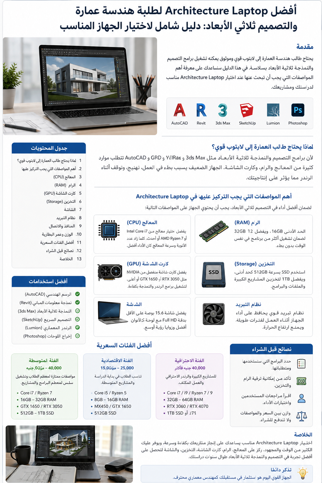 **Architecture Laptop 2026 أفضل لطلبة هندسة عمارة والتصميم ثلاثي الأبعاد: دليل شامل لاختيار الجهاز المناسب**